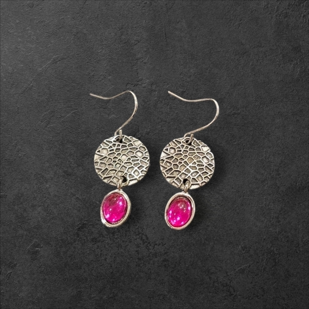 Vibrant Pink Gemstone Dangle Earrings with Textured Silver Discs